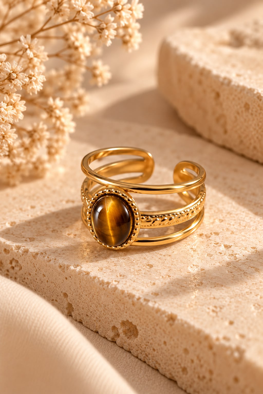 Anillo Triple Ojo de Tigre con su cabujón ovalado sobre piedra beige