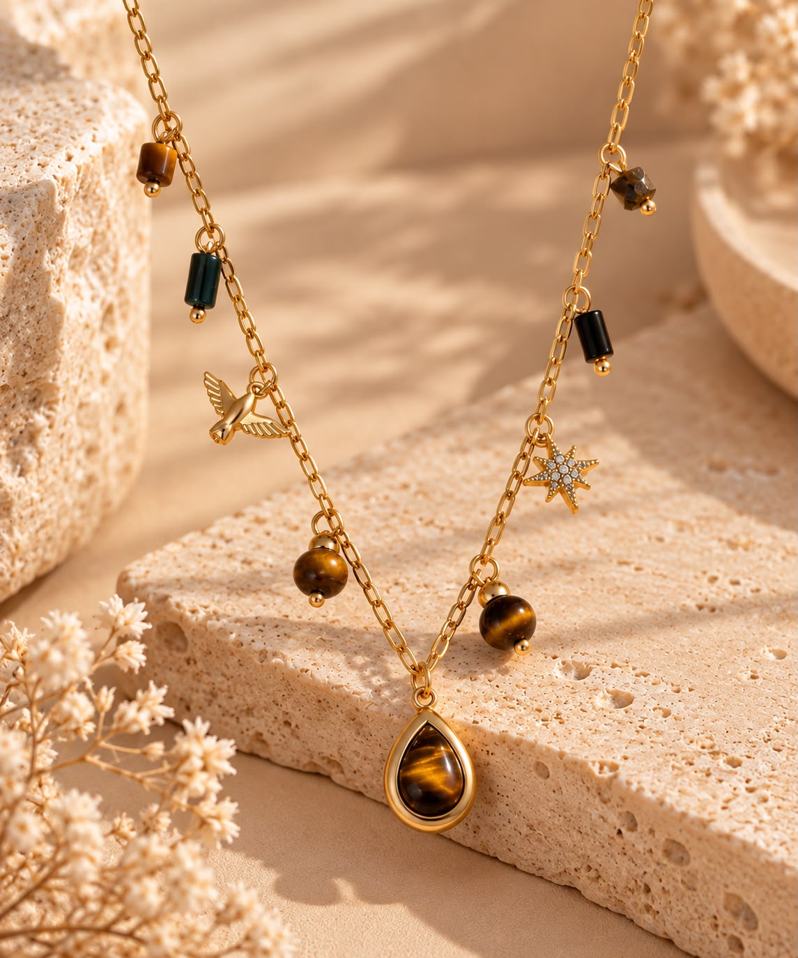 Collar Charms Ojo de Tigre sobre piedra beige, con la gota de ojo de tigre y todos sus charms
