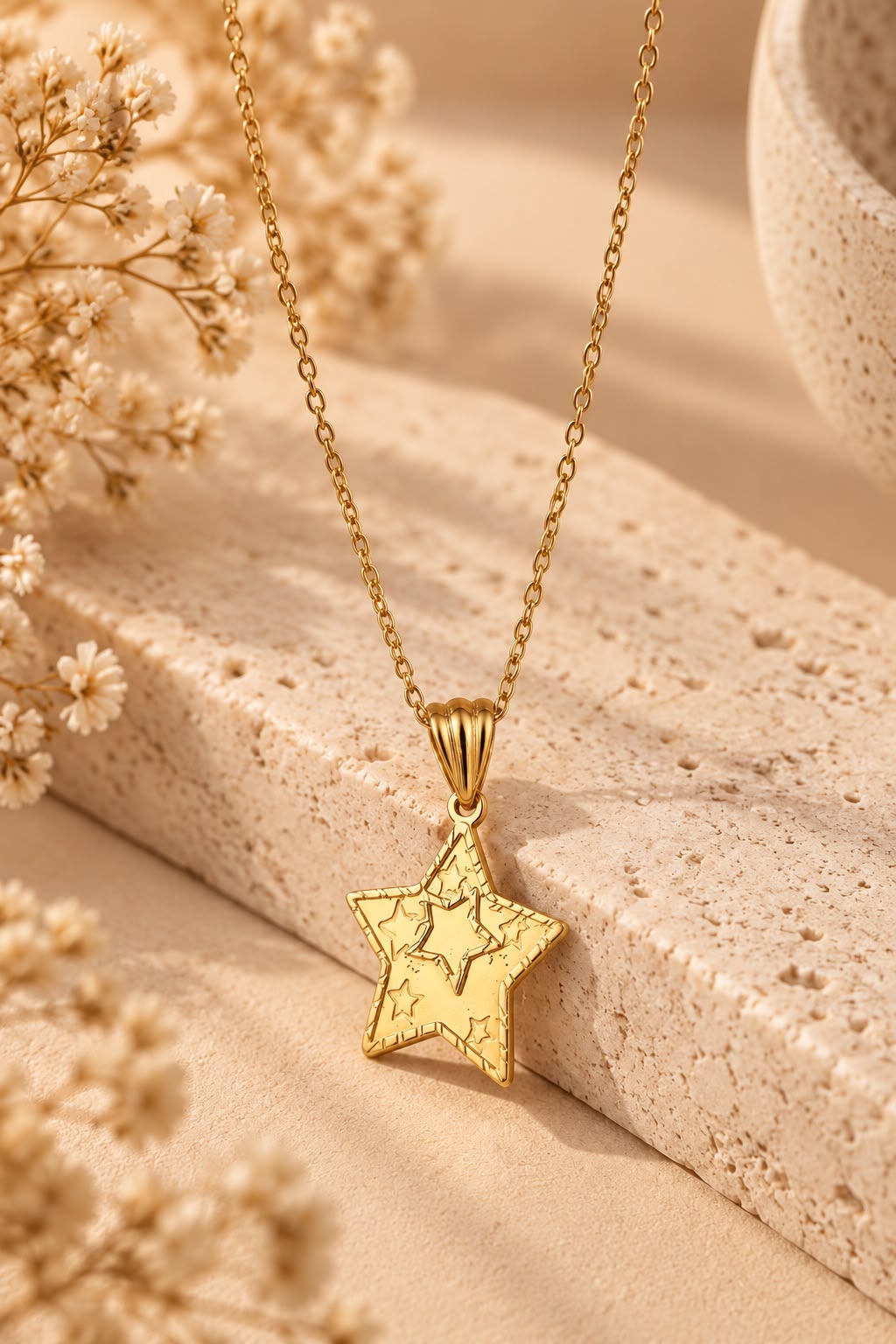 Colgante de estrella dorada del Collar Mi Estrella apoyado en piedra beige