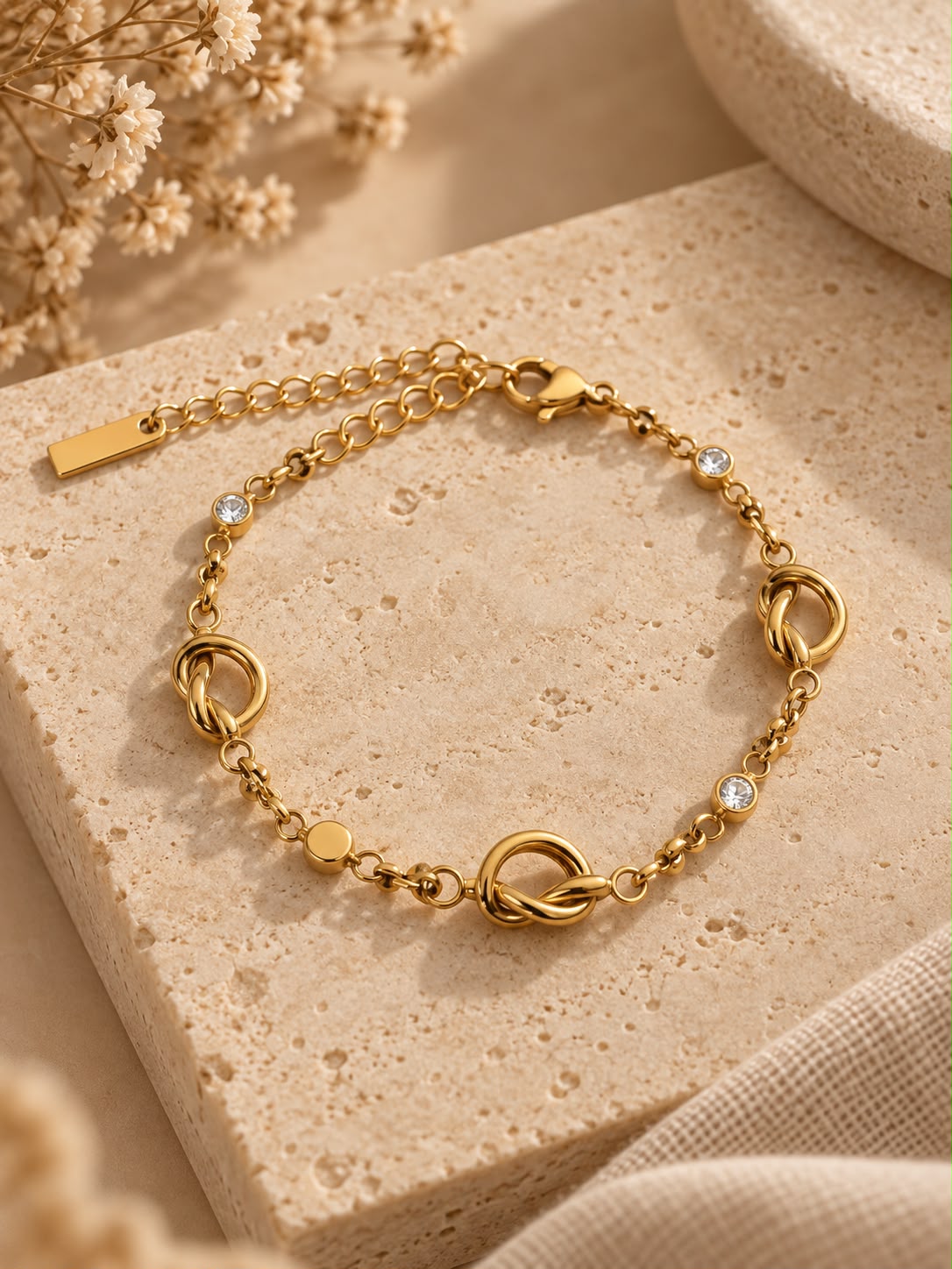 Pulsera Vínculo con tres nudos dorados y brillos transparentes sobre piedra beige