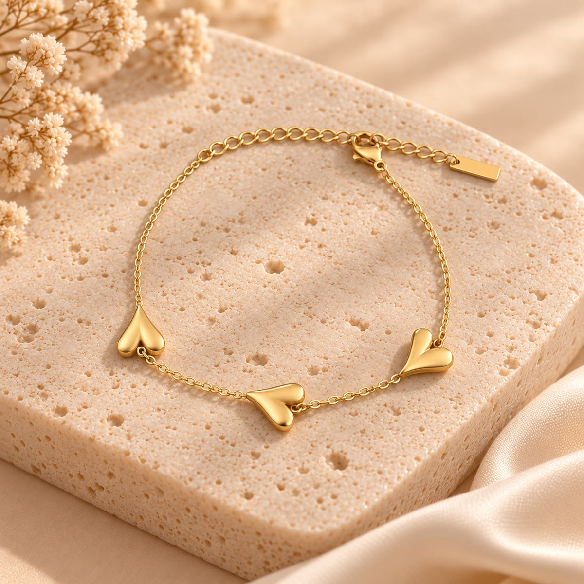 Pulsera 3 Corazones completa sobre piedra beige, con sus tres corazones, el cierre y la cadena de extensión