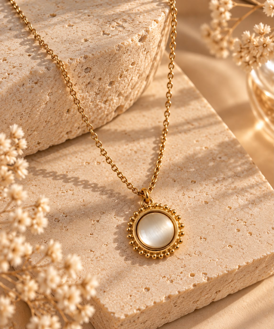 Collar Ojo de Gato sobre piedra beige, con su cabujón redondo y el bisel de bolitas doradas