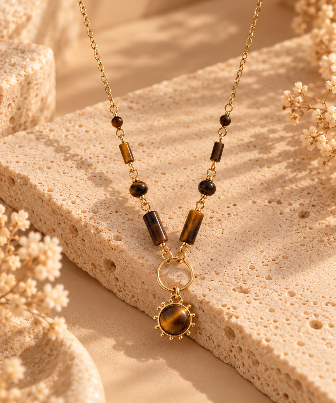 Collar Ojo de Tigre sobre piedra beige, con su cabujón redondo y las cuentas de la cadena