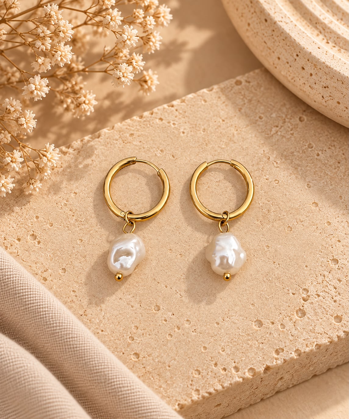 Pendientes Nácar: dos aros dorados con colgante blanco sobre piedra beige